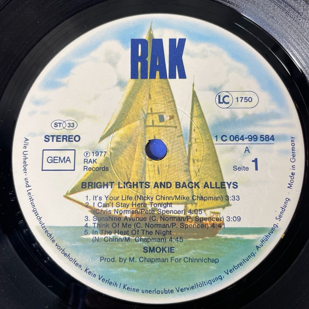 Винтажная виниловая пластинка LP Smokie Смоуки Bright Lights and Back Alleys (Germany 1977)