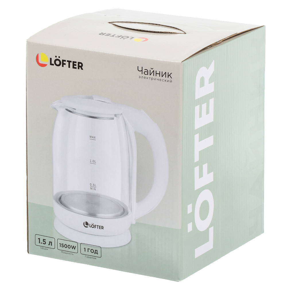 Чайник электрический Lofter, бел, 1.5 л, с подсветкой, 1500 Вт, ск нагр элем, стекло