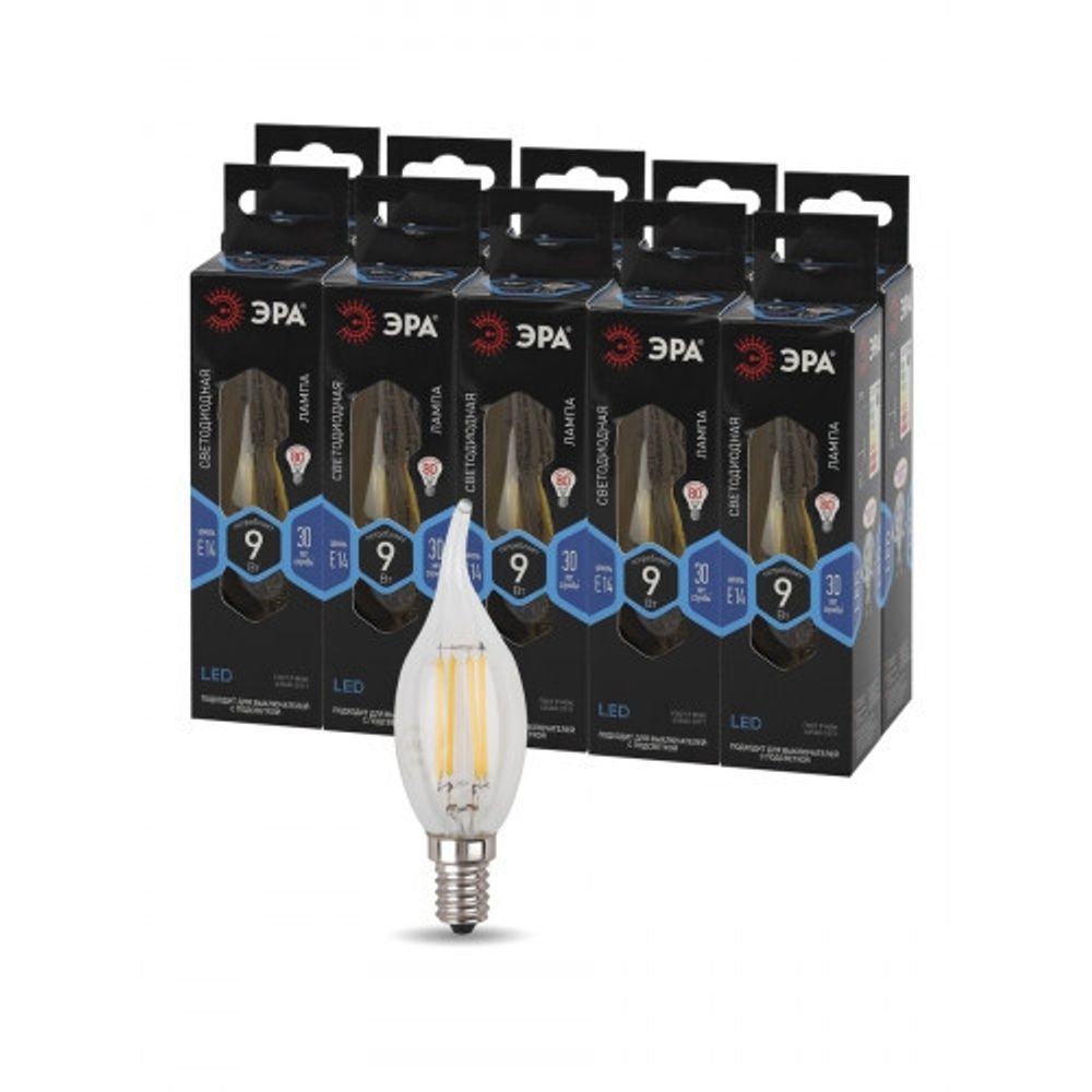 Лампочка светодиодная ЭРА F-LED BXS-9W-840-E14 Е14 / Е14 9Вт филамент свеча на ветру нейтральный белый свет