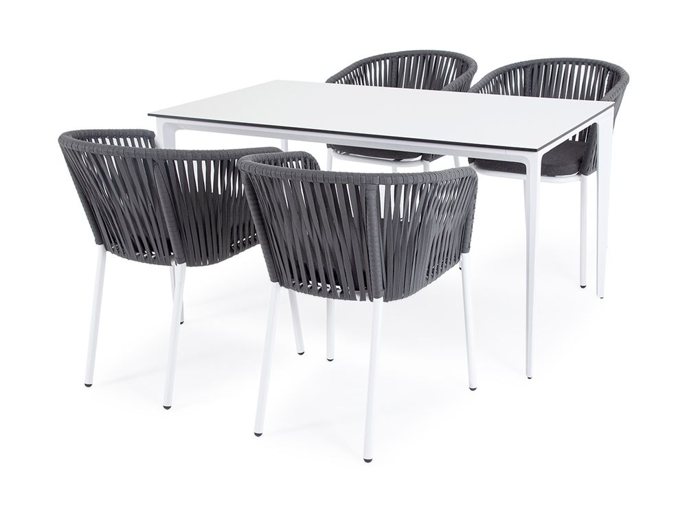 "Малага" обеденная группа на 4 персоны со стульями "Бордо", каркас белый, роуп серый
