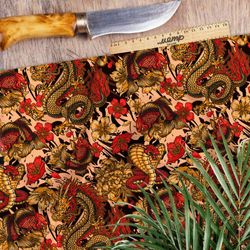 Ткань атлас красные кобры и золотые цветы