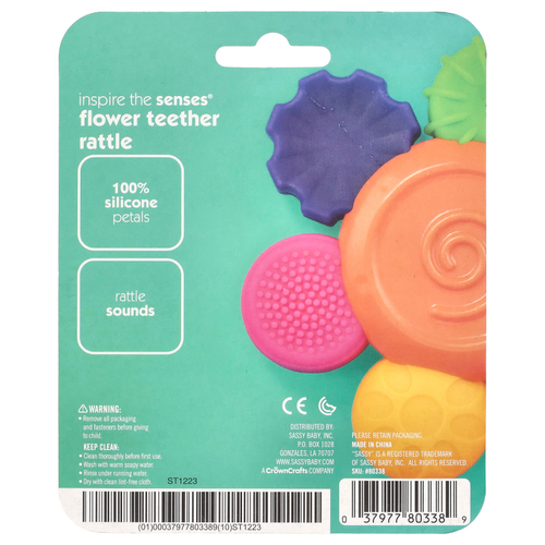 Sassy, Inspire The Senses®, цветочная погремушка для прорезывания зубов, для детей от 3 месяцев, 1 штука