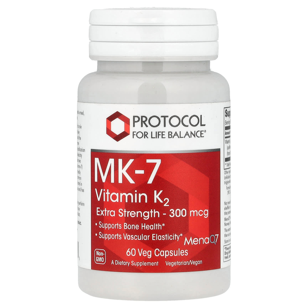 Protocol for Life Balance, MK-7, витамин K2, 300 мкг, 60 растительных капсул