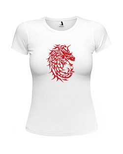 Футболка c драконом женская приталенная белая с красным рисунком