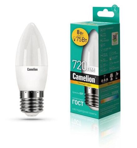 Лампа светодиодная LED8-C35/830/E27 8Вт свеча 3000К тепл. бел. E27 720лм 170-265В Camelion 12389