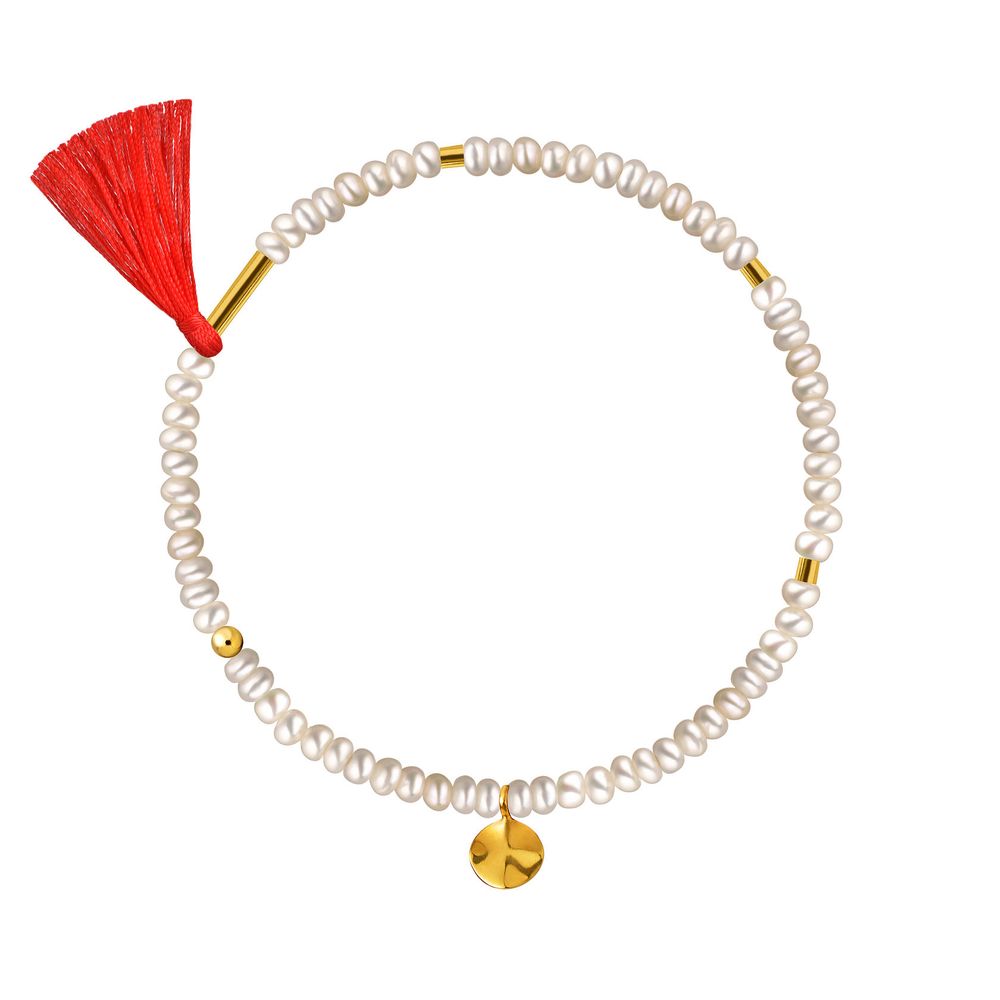 браслет из белого жемчуга с красной кистью