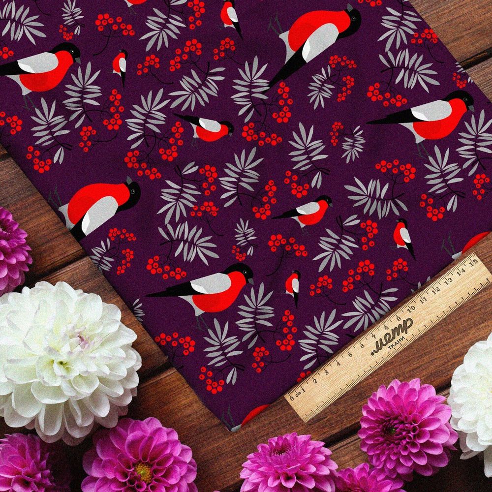 Ткань ниагара снегири с ветками рябины