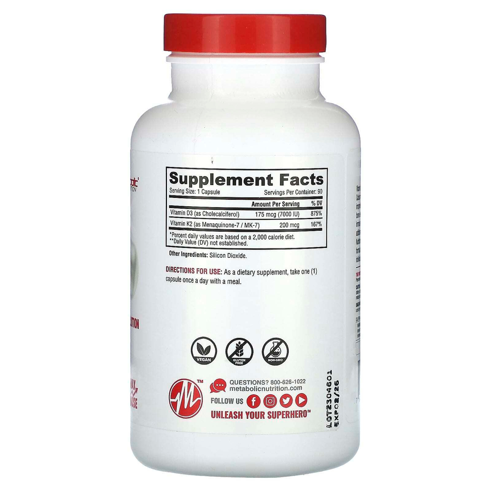Metabolic Nutrition, Витамин D3 + K2, формула максимальной эффективности, 90 капсул