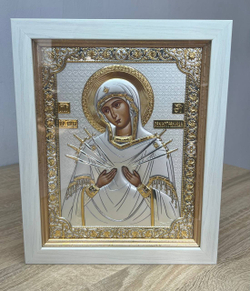 Семистрельная БМ, икона прямоугольная в рамке под стеклом, белое дерево 232х280