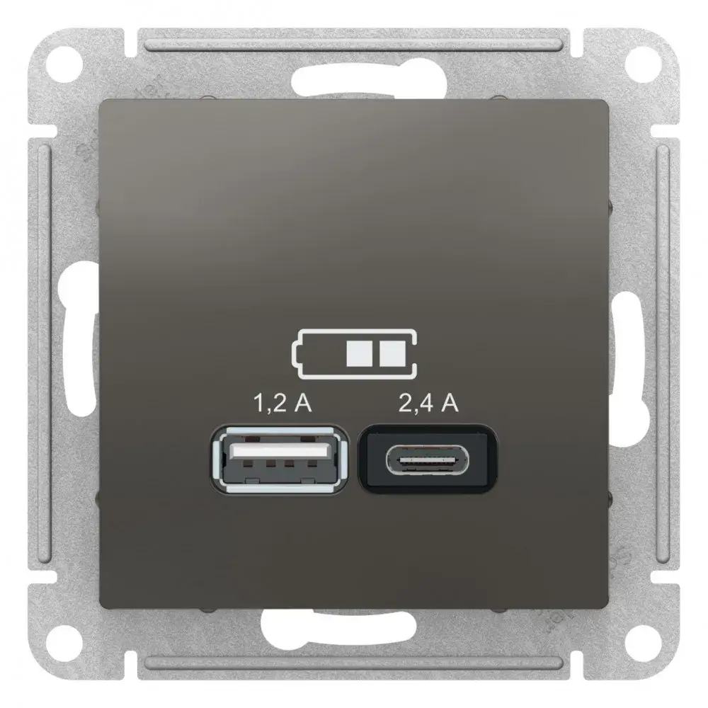 ATLASDESIGN USB РОЗЕТКА А+С, 5В/2,4А, 2х5В/1,2А, механизм, СТАЛЬ