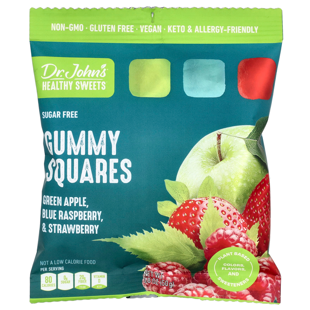 Dr. John's Healthy Sweets, Жевательные квадратики, без сахара, зеленое яблоко, голубая малина и клубника, 50 г (1,8 унции)