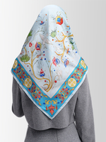 Платок «Зачатьевская роспись. Райский сад» голубой 100% шёлк