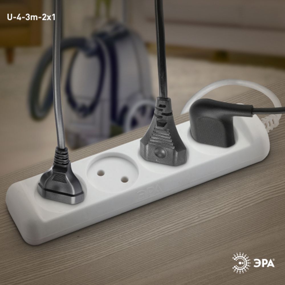 Удлинитель электрический ЭРА U-4-3m-2x1 без заземления 4 розетки 3м ПВС 2x1мм2 10А | Бытовые удлинители