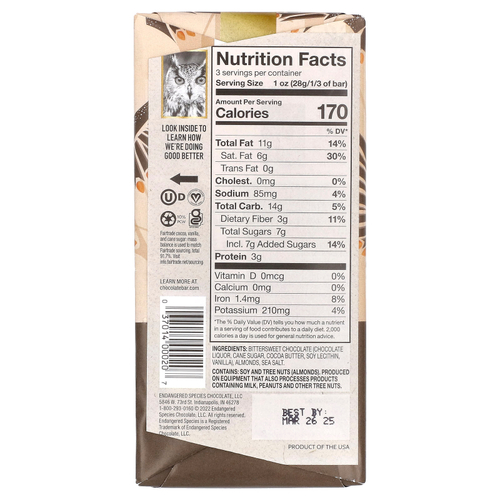 Endangered Species Chocolate, тёмный шоколад с миндалём и морской солью, 72% какао, 85 г (3 унции)