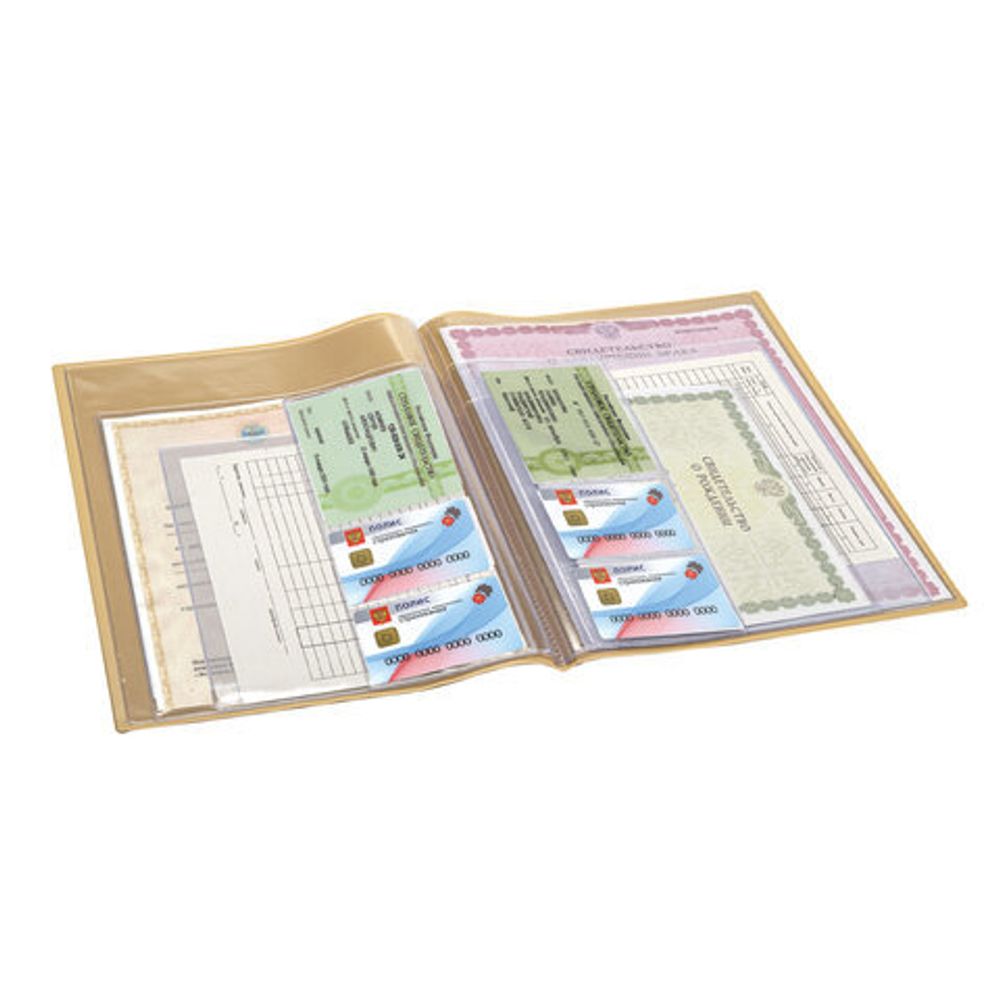 Папка для семейных документов с файлами (свидетельства, полисы, СНИЛС и т. п.) STAFF, 12 отделений, ПВХ, бежевая, 237808