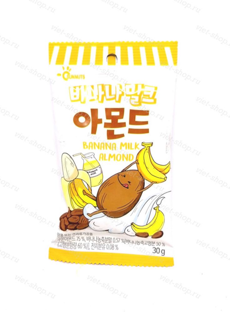 Миндаль в глазури со вкусом бананового молока Banana Milk Almond, Sunnuts, Корея, 30 гр.