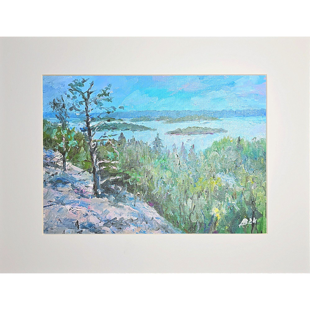 Картина авторская маслом на холсте в паспарту 30х40 см на стену для интерьера "Ладожские шхеры"