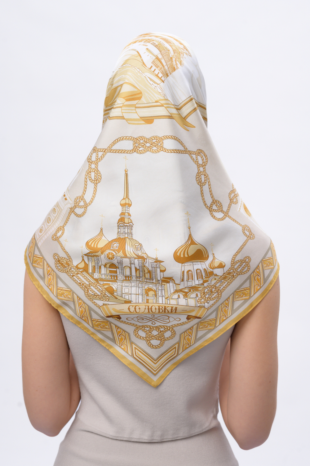 Платок «Реки России» бежевый 100% шёлк