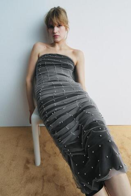 ZARA ТРИКОТАЖНОЕ ПЛАТЬЕ МИДИ С БУСИНАМИ, ЧЕРНЫЙ