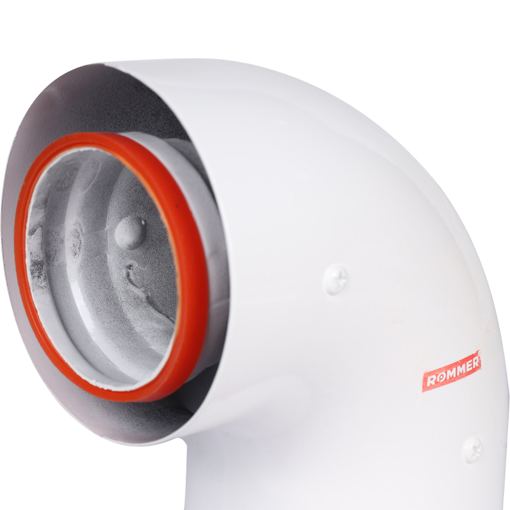 ROMMER Начальный участок 90 гр. 60/100 (Bosch, Buderus, Navien S/C/E, Baxi ECO Nova/Classic, Baltur, Лемакс, Fondital) в комплекте фланец