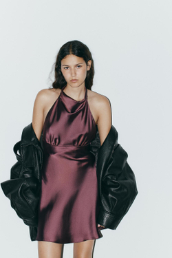 ZARA КОРОТКОЕ АТЛАСНОЕ ПЛАТЬЕ, ВИННЫЙ