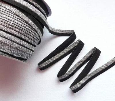 Бейка трикотажная (эластичная, 1,5см). Серебро, люрекс на черном