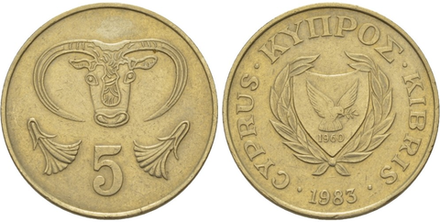 Кипр 5 центов, 1983 Бык XF