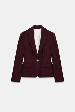 ZARA ПРИТАЛЕННЫЙ БЛЕЙЗЕР С ВЫРАЖЕННЫМИ ПЛЕЧАМИ, БУРГУНДИ