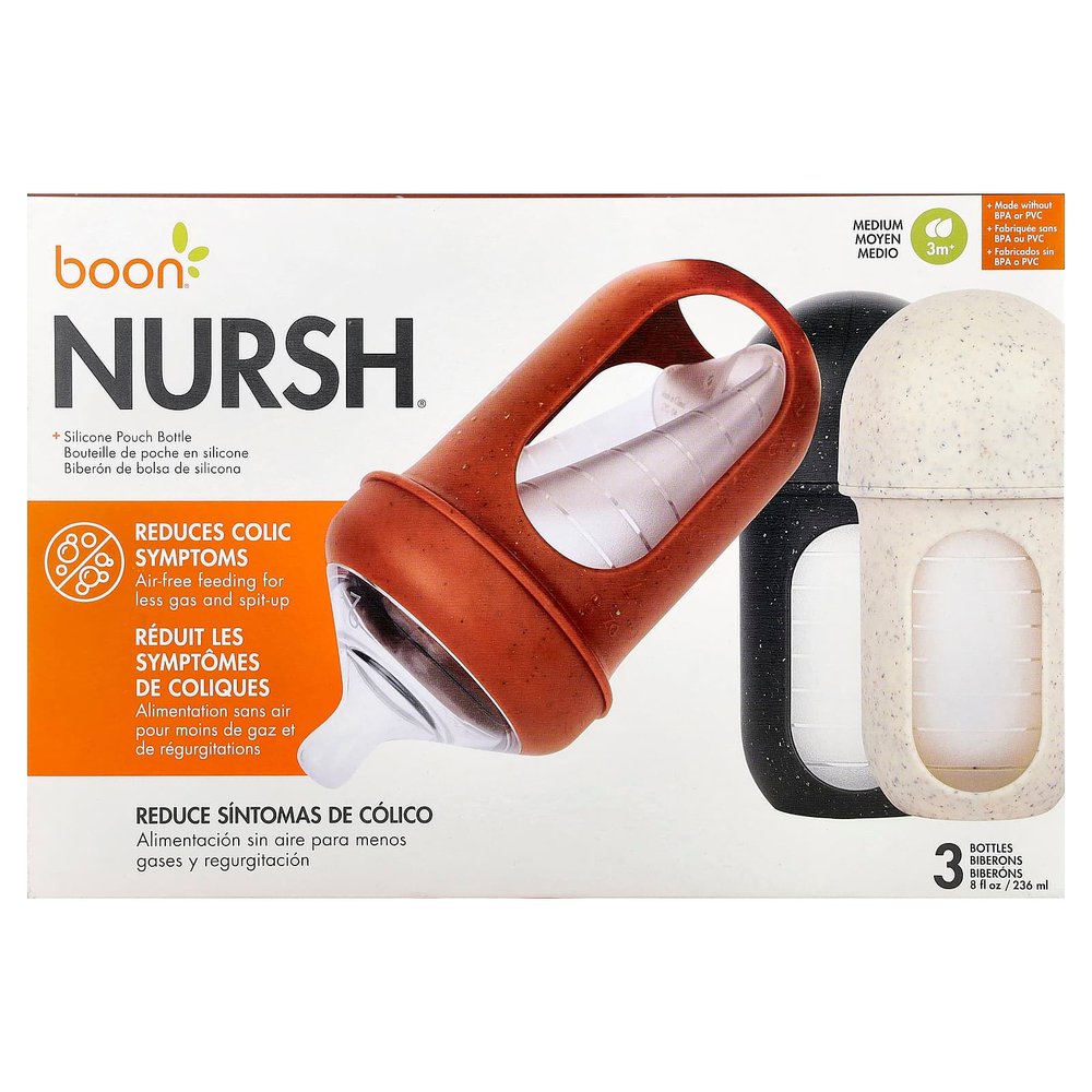 Boon, Nursh®, флакон в силиконовом пакете, средний, для детей от 3 месяцев, 3 флакона по 236 мл (8 унций)