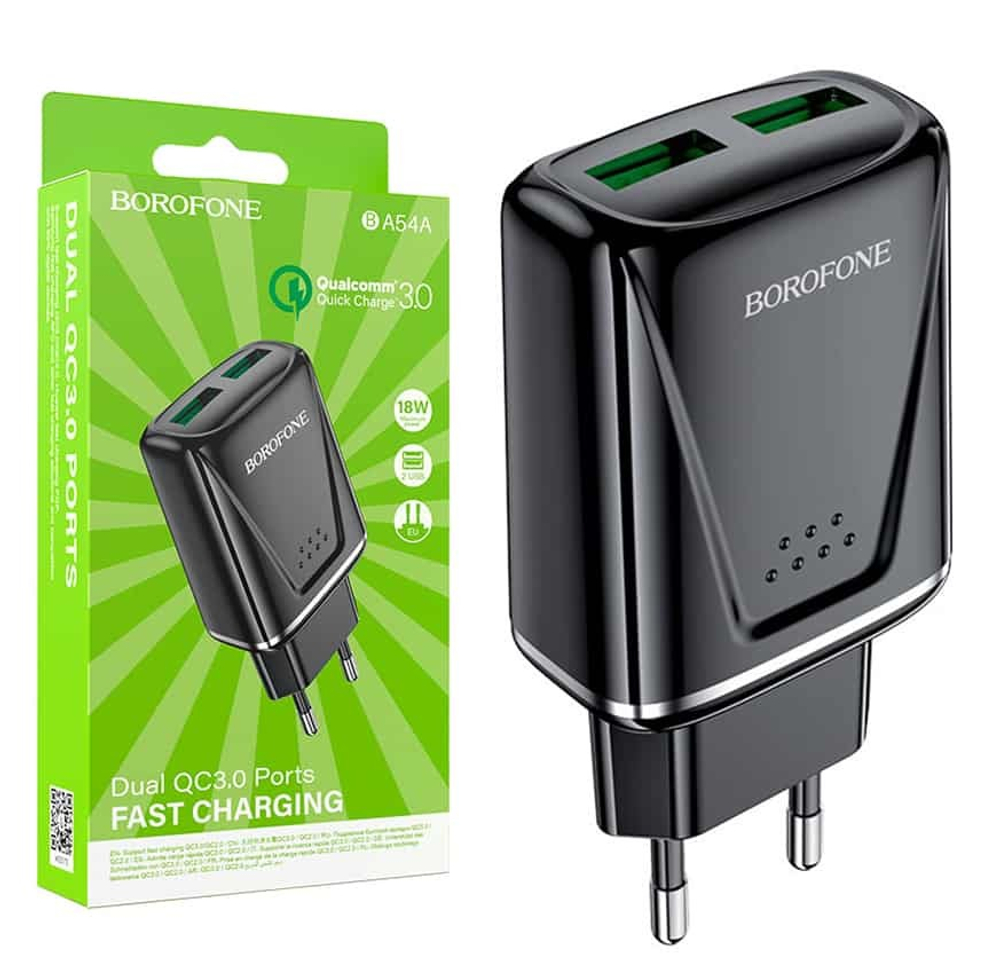 Сетевой адаптер питания BOROFONE BA54A 2USB QC 3.0  (черный)
