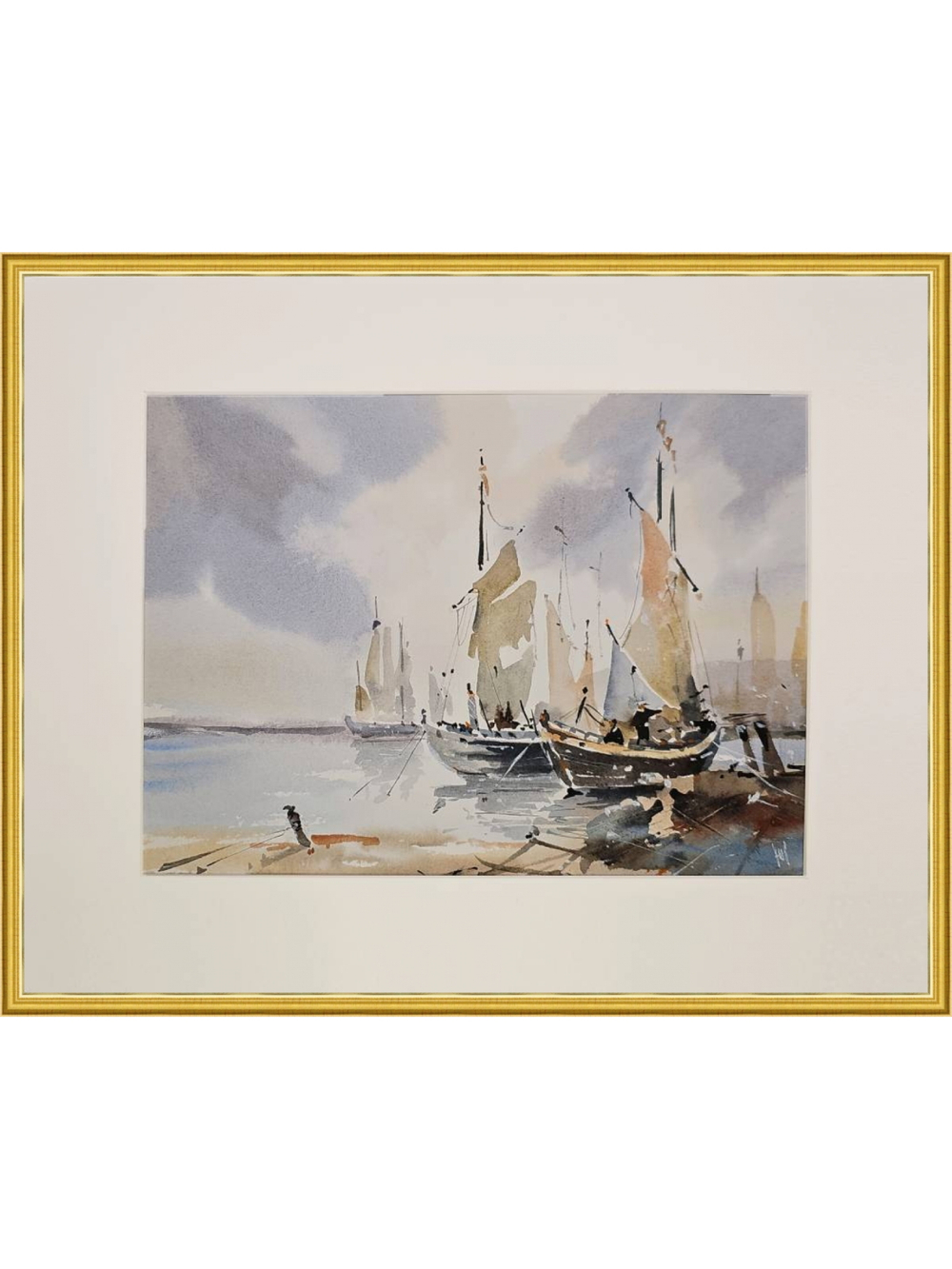 Картина авторская акварельная в паспарту 30х40 см на стену для интерьера "В порту"