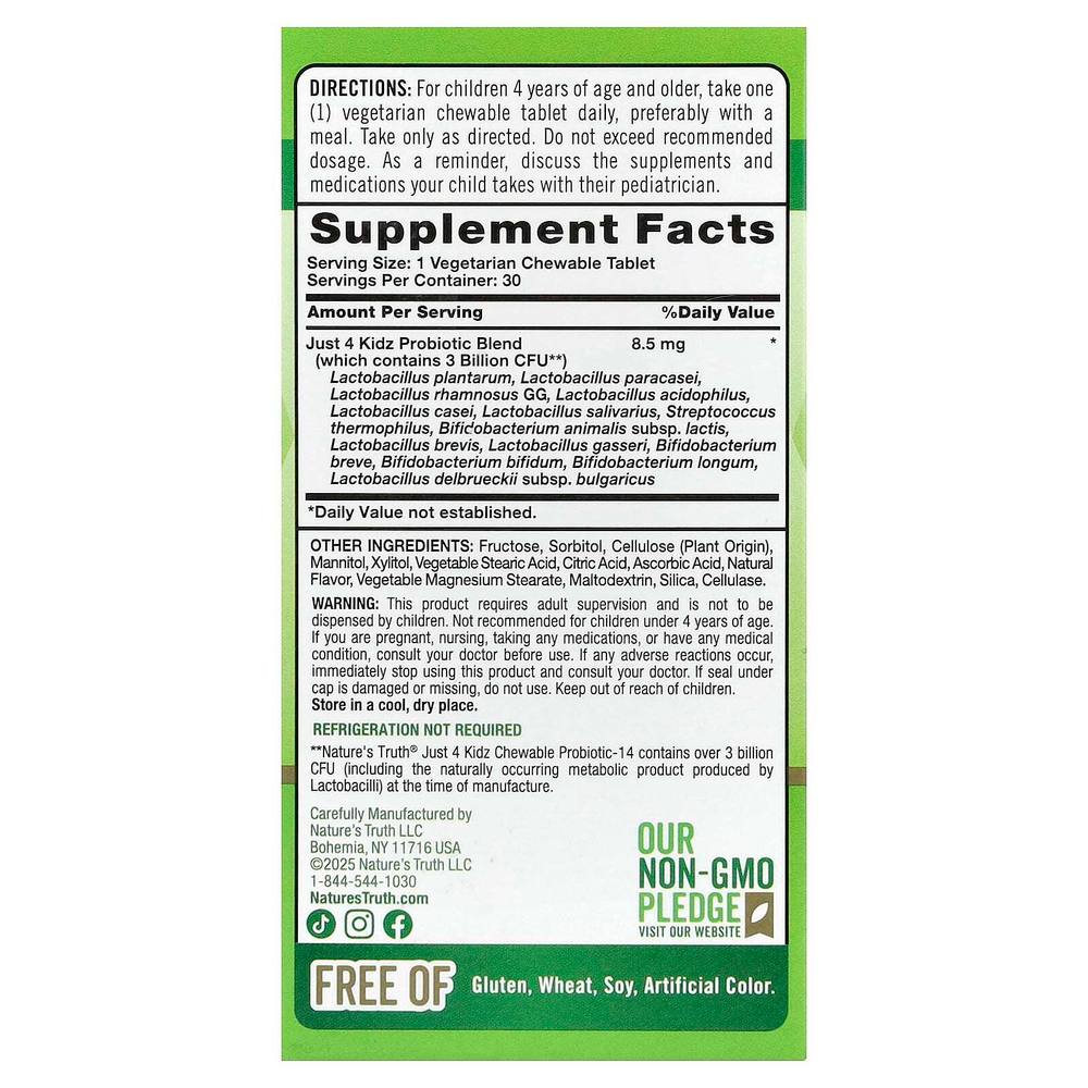 Nature's Truth, Just 4 Kidz, одна жевательная таблетка с пробиотиком-14, вкус ягод, 30 жевательных таблеток