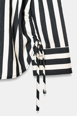 ZARA РУБАШКА В ПОЛОСКУ СО ШНУРКАМИ ПО БОКАМ, ЭКРЮ/ЧЕРНЫЙ