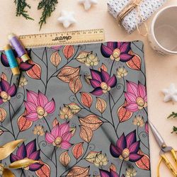 Ткань атлас резные яркие цветы и листья на сером фоне