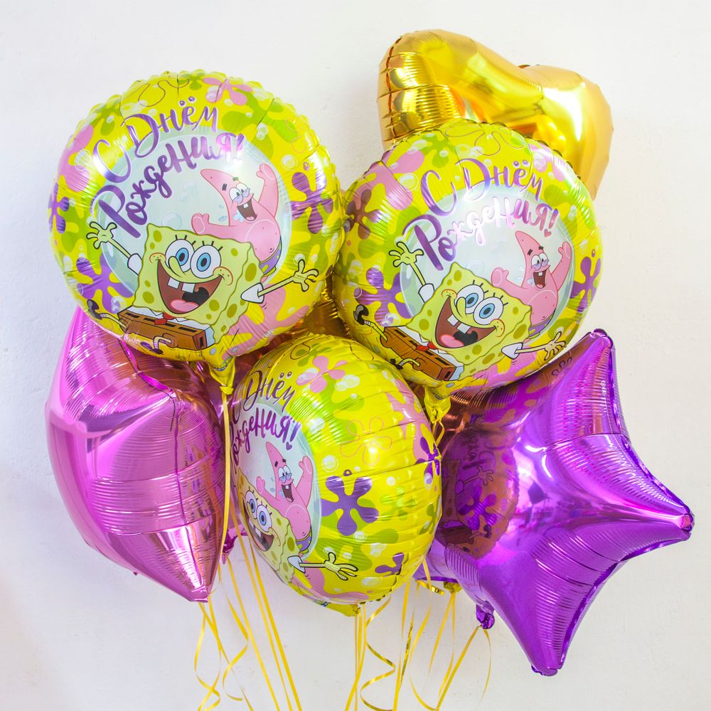 Шар (18"/46 см) Круг, Губка Боб, С Днем Рождения!, Желтый, 1 шт. в упак.