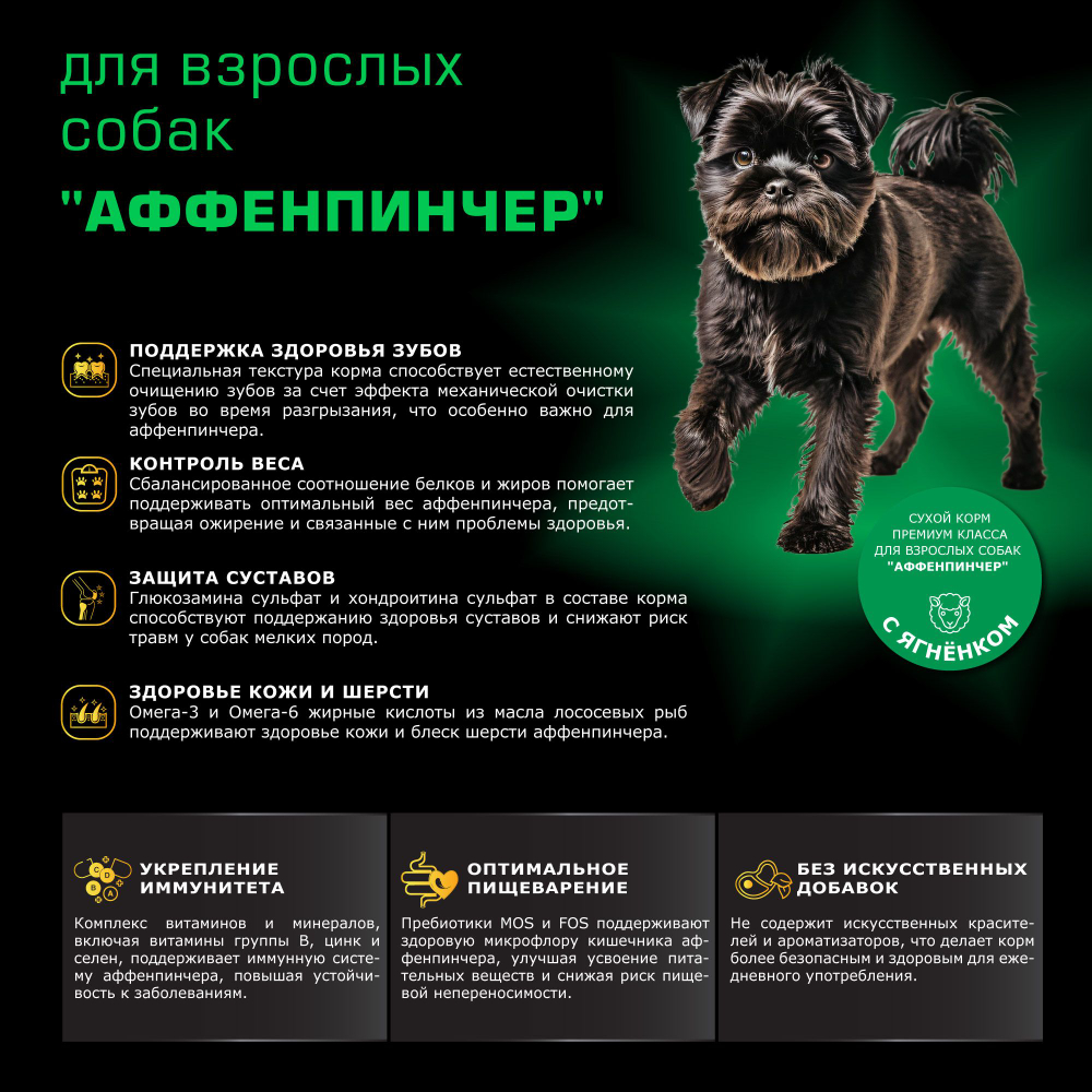 Корм сухой для взрослых собак породы Аффенпинчер, с ягненком, 2,5 кг, QUATTRO