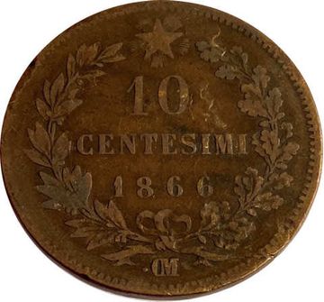 10 чентезимо 1866 Италия (Отметка монетного двора ".OM" - Страсбург)