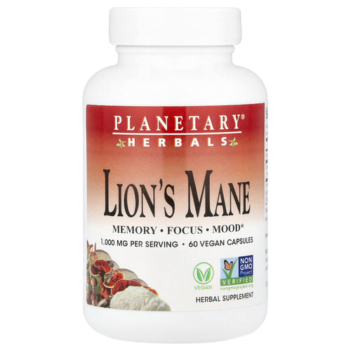 Planetary Herbals, ежовик гребенчатый, 60 веганских капсул (500 мг в 1 капсуле)