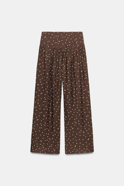 ZARA ШИРОКИЕ БРЮКИ В ГОРОШЕК, КОРИЧНЕВЫЙ/ЭКРЮ