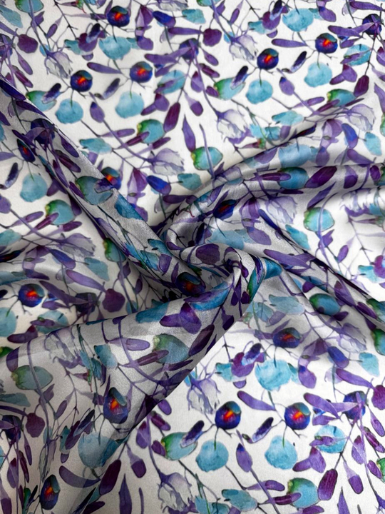 Шифон принт, silk, листья голубой/фиолетовый на молочном RH D7C2