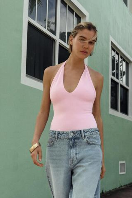 ZARA БОДИ ИЗ ЭЛАСТИЧНОЙ ТКАНИ С КОНТРАСТНЫМИ ДЕТАЛЯМИ, РОЗОВЫЙ