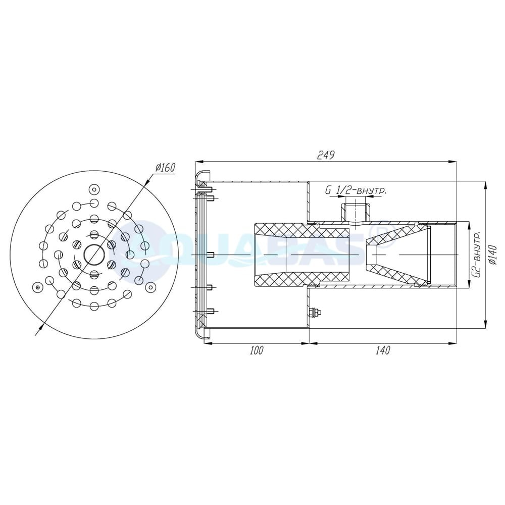 ФГ.20/1 Форсунка гидромассажная 20-40 м3/ч G 2" (внутр.) (закладная с лицевой панелью) AISI-316