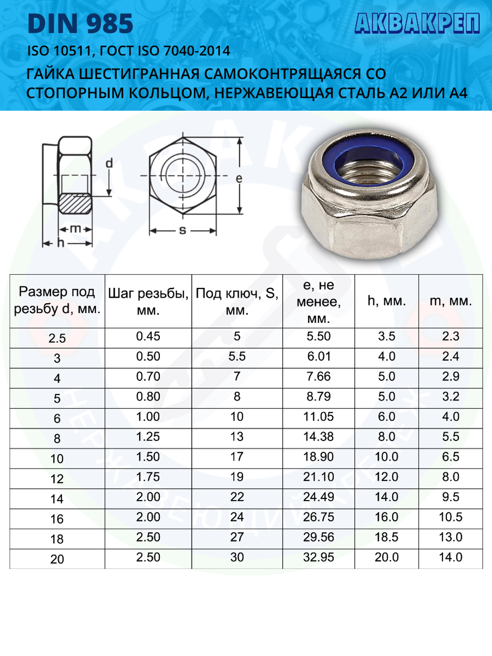 Гайка со стоп кольцом нержавеющая АКВАКРЕП М6 DIN 985 A2, 100 шт
