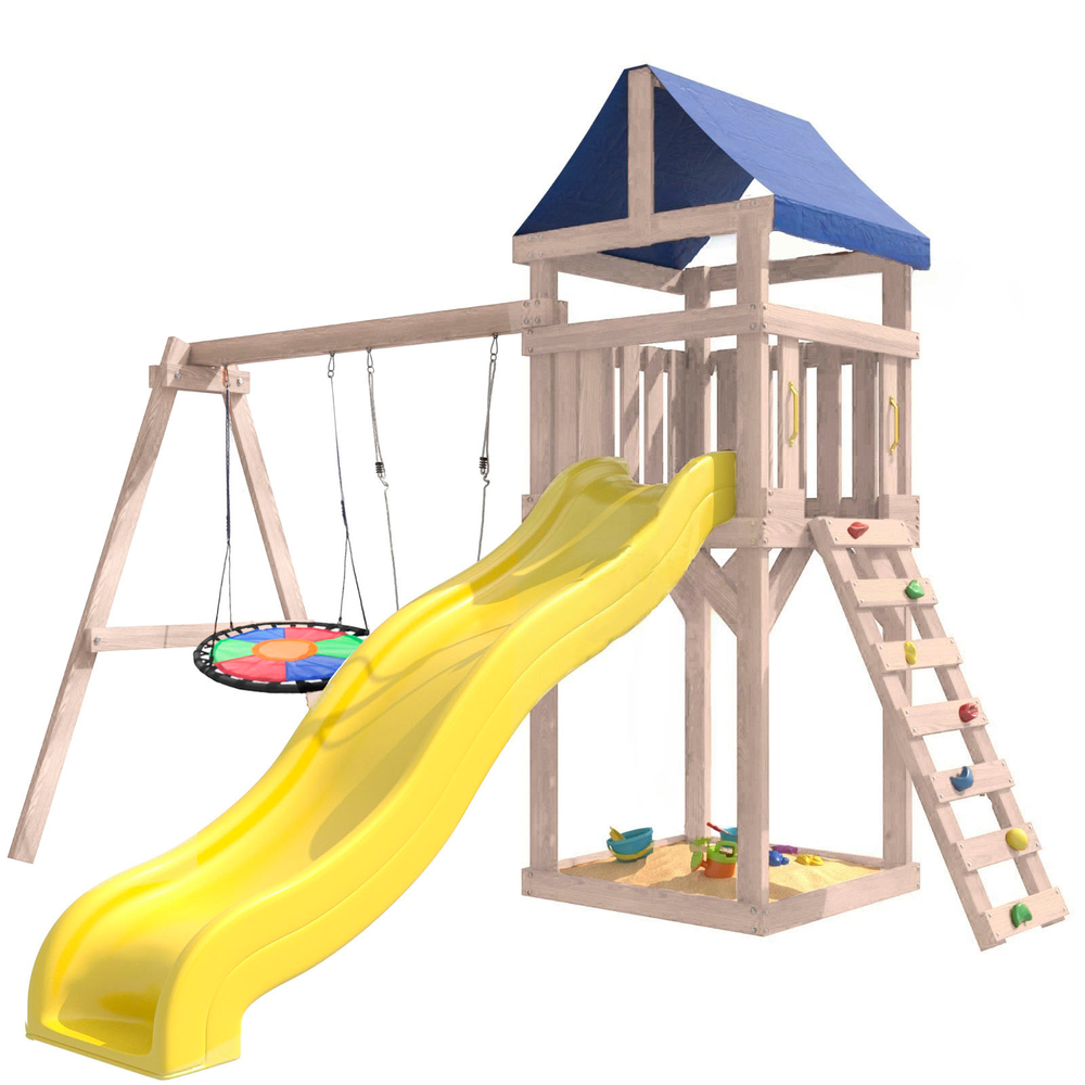 Детская площадка неокрашенная Сlassic с качелями лодочка и разноцветным гнездом Свиби IgroWoods для улицы и дачи