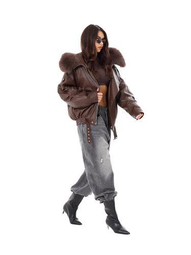 Шоколадный пуховик из эко-кожи с капюшоном