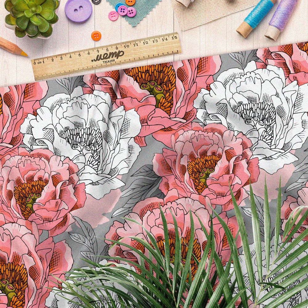 Ткань флис шикарные пионы