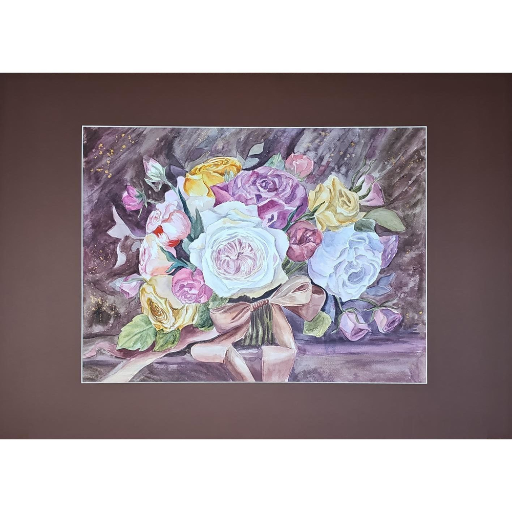Картина авторская акварельная в паспарту 50х70 см на стену для интерьера "Голландский букет"