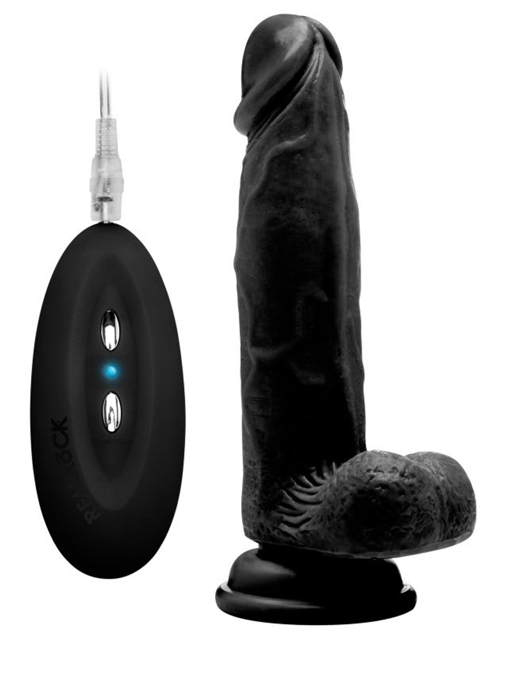 Чёрный вибратор-реалистик Vibrating Realistic Cock 8 With Scrotum - 20 см. (Цвет: черный)