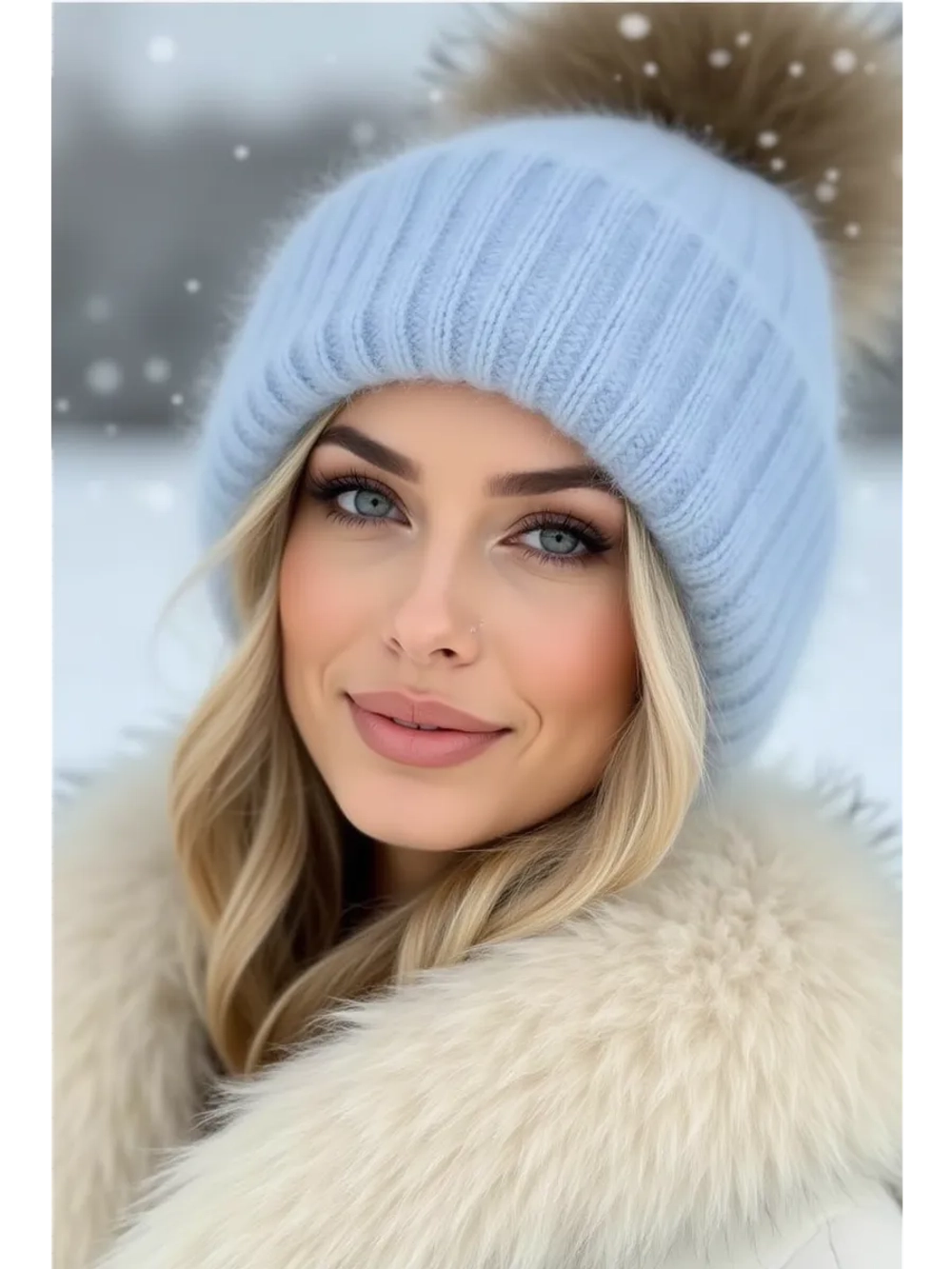 шапка ангора с меховым помпоном зимняя пушистая стильная
