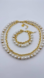 Колье 2 ряда жемчуг Майорка и цепь ролло, оттенок золото